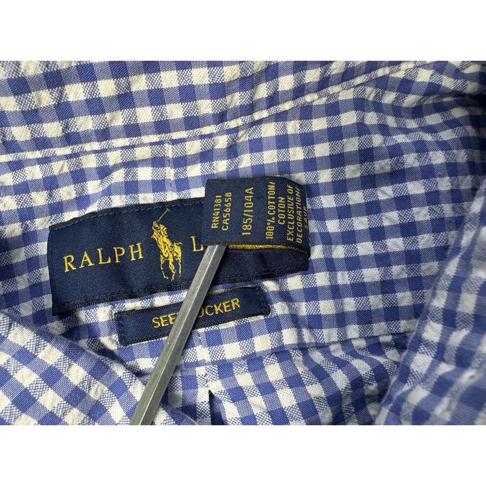 Polo Ralph Lauren Mens XL Seersucker Shirt Shot Sleeve Gingham Check Blue White - Picture 4 of 9